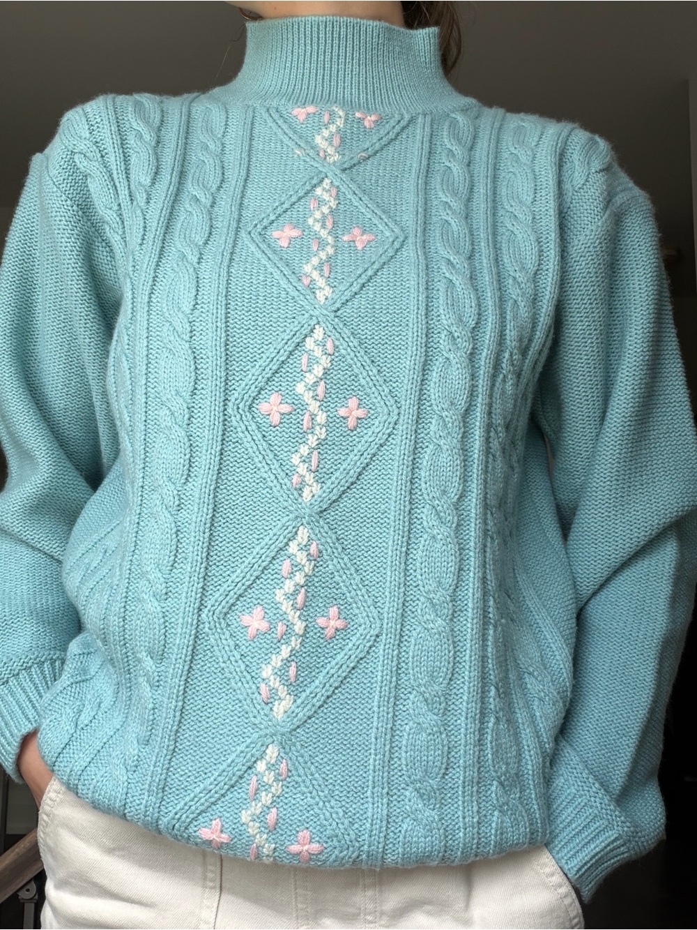 Ellen Tracy Light Blue Cable-Knit Mock Neck Sweater with Pink Embroidery